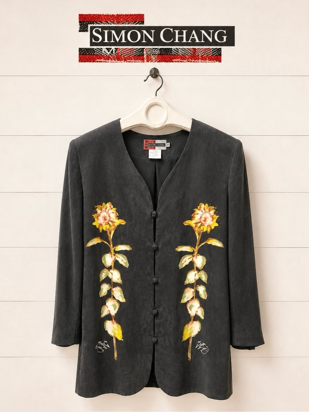 SIMON CHANG - Sunflower Print Jacket with Shoulder Pads - Size 8